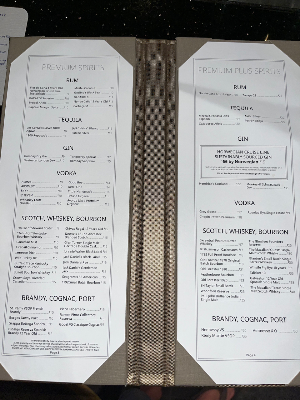Bar menus on Norwegian Joy