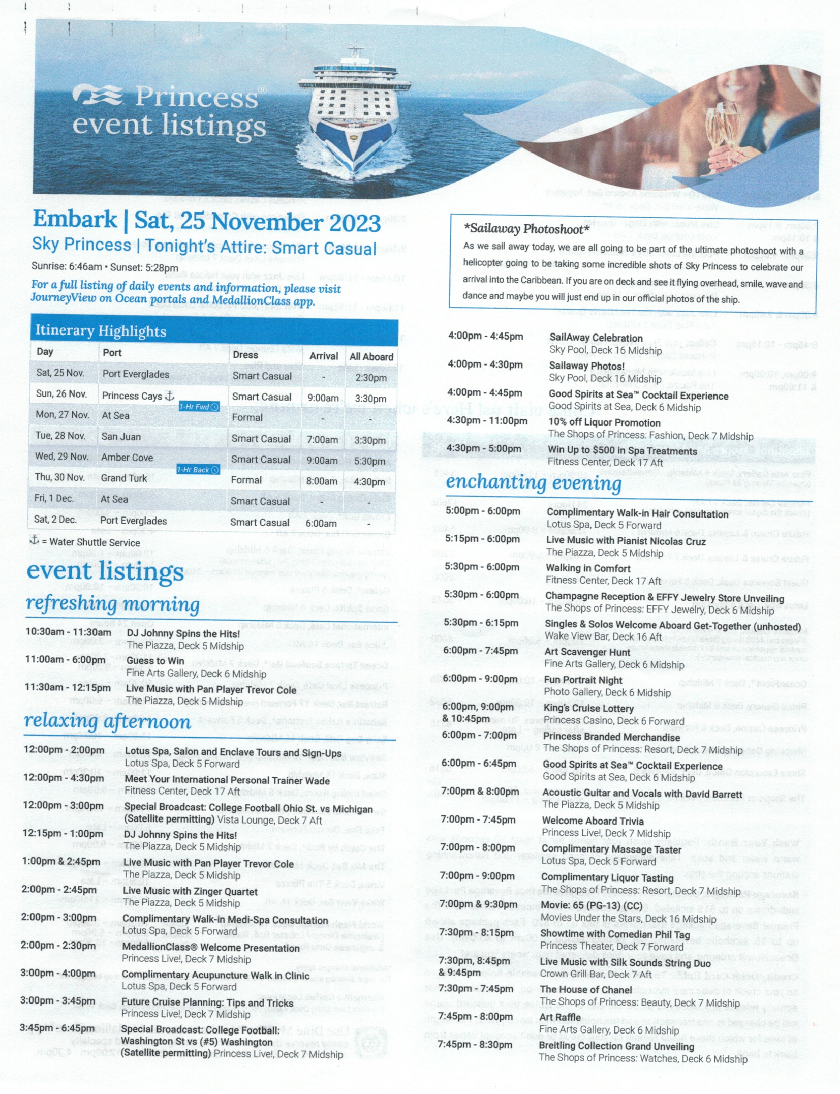 Daily programs on Sky Princess