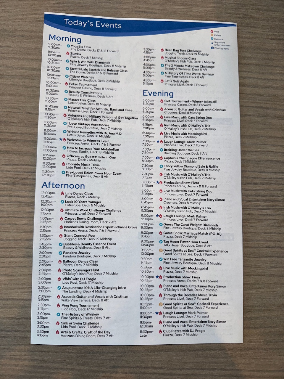 Daily programs on Sun Princess